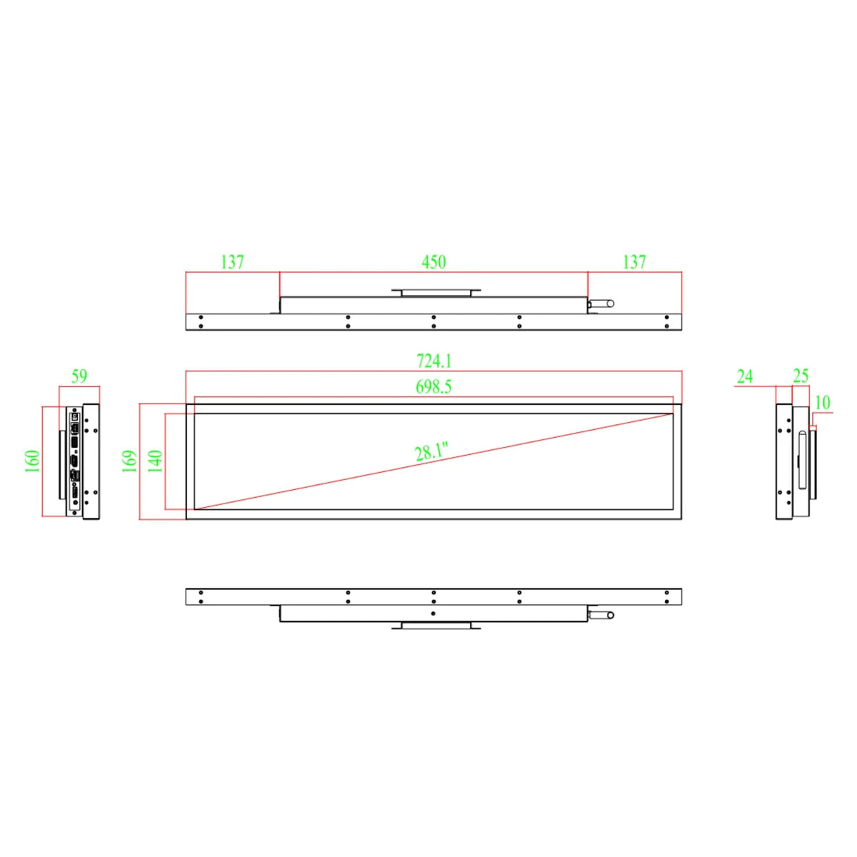 28.1" Stretched Bar LCD Shelf Display – 698.5×140mm Viewable | Android Digital Signage | Cloud / Mobile App / USB Media