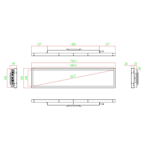 28.1" Stretched Bar LCD Shelf Display – 698.5×140mm Viewable | Android Digital Signage | Cloud / Mobile App / USB Media