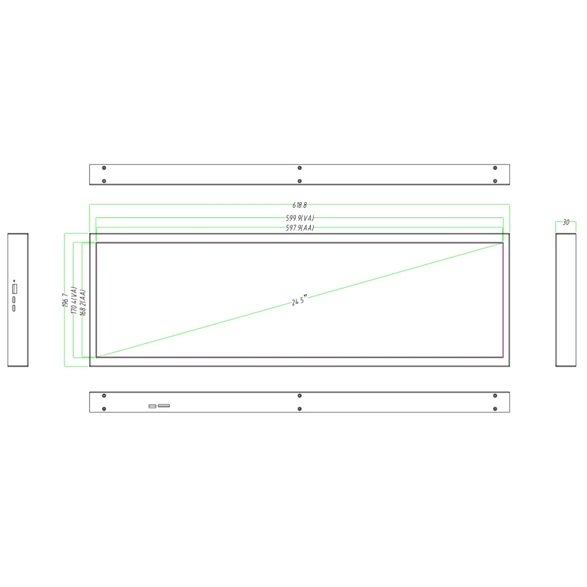 24.5" Stretched Bar LCD Shelf Display – 597.9×168.2mm Viewable | Android Digital Signage | Cloud / App / USB Playback